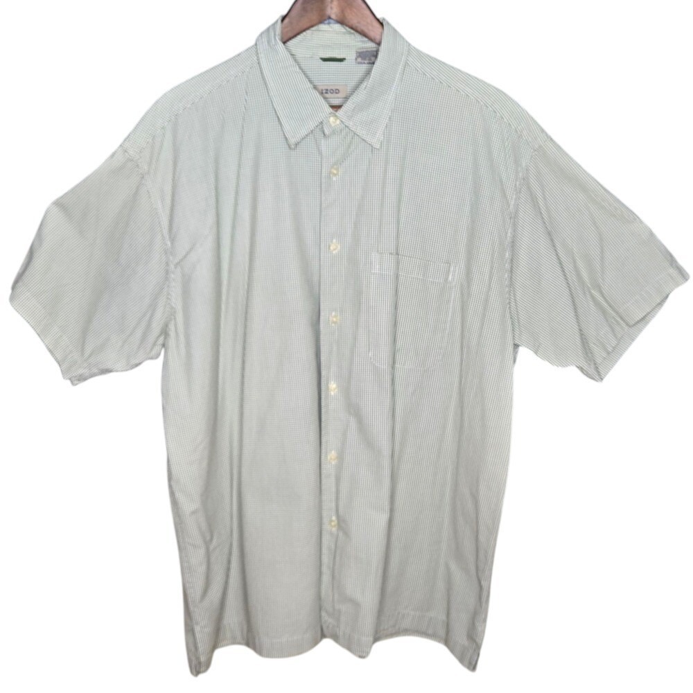 IZOD Shirt Mens XL Green White Gingham Check Short Sleeve Button Up‎ Casual Top